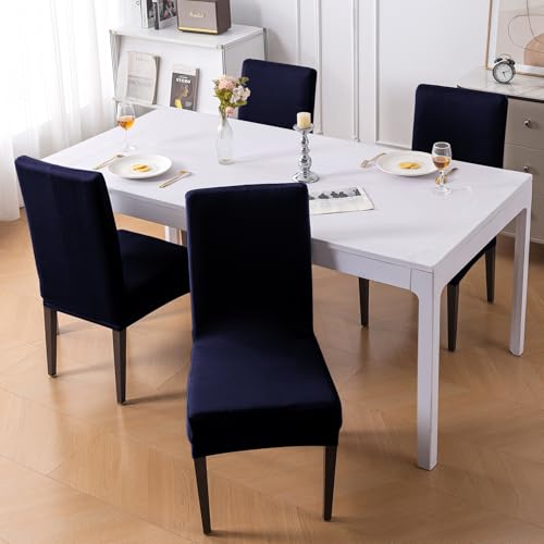 Image of HOKIPO 'SereneSolids' 140 GSM Stretchable Dining Chair Cover - Set of 4, Navy Blue (AR-6246-NBL)