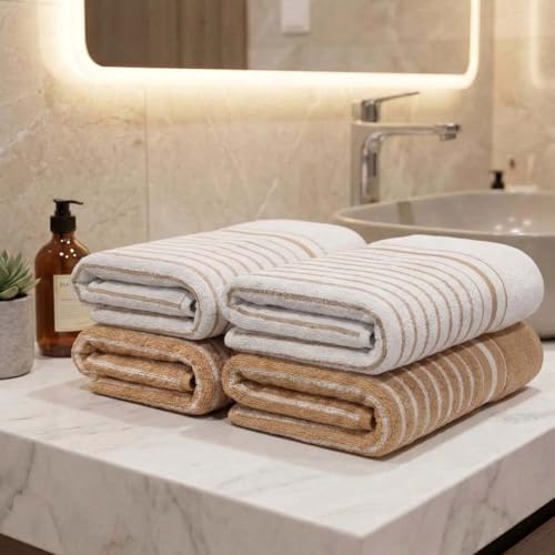 Image of Athom Living Premium Hand Towels- Cotton, 400 GSM, Ultra Soft, Quick Dry, Highly Absorbent | for Hand, Kitchen and Gym | 60 * 40 cm, Pack of 4 (Beige and White with Brown Stripes)