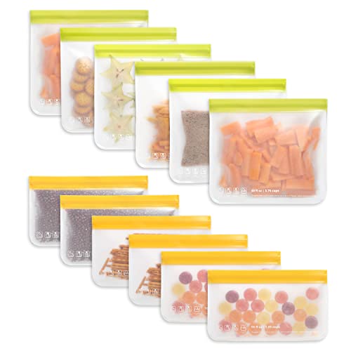 roonoo 12 Pack Dishwasher Safe Reusable Food Storage Bags (6 Reusable Sandwich Bags, 6 Reusable Snack Bags), Extra Thick Leakproof Silicone Free Plastic Bags