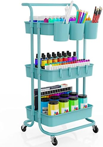 3-Tier Rolling Mobile Utility Cart with Hanging Cups & Hooks & Handle Multifunctional Organizer Storage Trolley Service Cart with Wheels Easy Assembly for Office, Bathroom, Kitchen (Blue)
