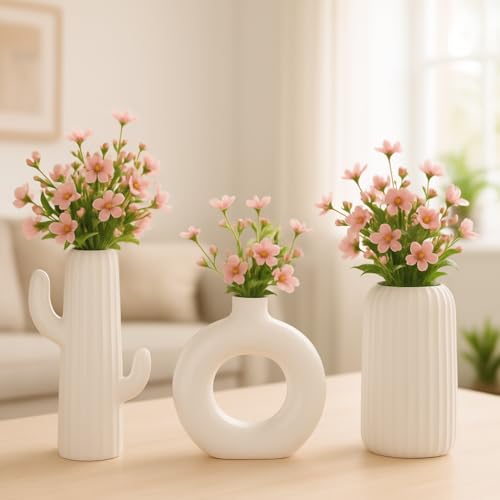 Image of Ceramic Flower Vase | Pampas Grass Vases Set | Home Decor Centrepiece | Decor Showpiece (Pack of 3) (Shape- Donut, Cactus, Bottle(Size- 6, 8, 6 Inch)