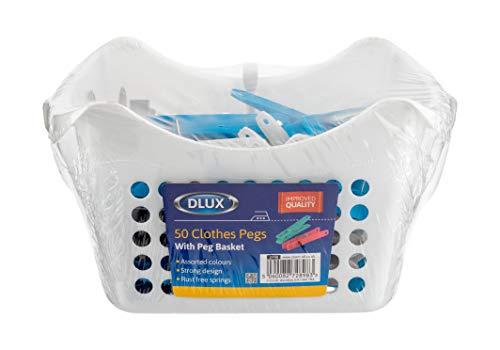 50 Large Clothes Pegs in Hanging Storage Basket for Washing Line Laundry Airer Strong Basket Garments Indoor/Outdoor Assorted Colours Pegs with Basket (White) - Image 2