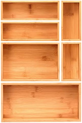MaxGear Drawer Organizer 100% Bamboo Drawer Organizers 6-Pcs Stackable Wood Kitchen Drawer Organizer 18x15x2 inch Multi-use Desk Drawer Organizer with Various Sizes for Office, Kitchen, Bathroom
