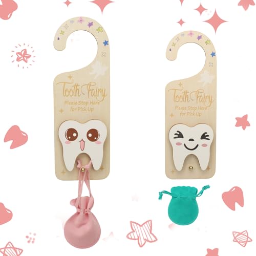 2 PCS Tooth Fairy Tooth Holder, Room Decor Tooth Fairy Door Hanger with Money Slot, Keepsake Bag & Elegant Patterns for Lost Teeth, Encourage Gift for Boys & Girls Milk Teeth