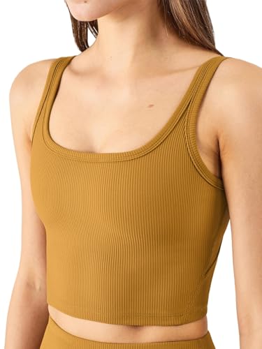 Chilylori Women's Seamless Sports Bra Ribbed Workout Crop Top Padded Wirefree Medium Support Tank Tops Fitness Bras Top Longline Workout Tops for Women Sports Bra Copper Brown Small