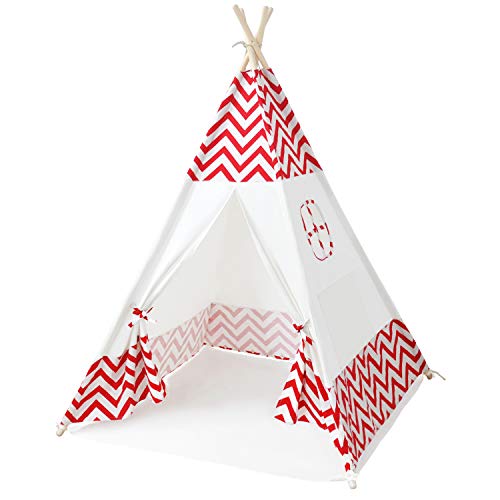 MECHHRE Tipi Enfant Intérieur avec Tapis Sol 100% Coton Toile Tente De Jeu Fille Garçon Teepee Chambre avec 1 Fenêtre 1 Pochette 1 Sac Portable Rouge
