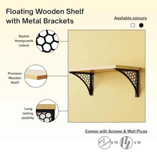 Image of Wall Shelf with Wooden Top Black|White Iron Brackets Storage Rack|Industrial Wall-Mounted Floating Shelf for Living Room,Kitchen,Bathroom (Black Hexagon Small)