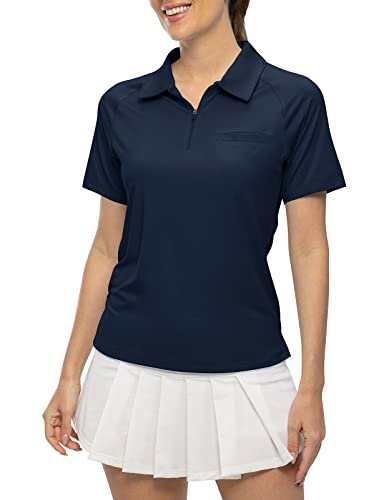 Tbmpoy Women's Golf Polo Shirts Short Sleeve Upf 50+ Zipper Athletic T Shirts Quick Dry Lightweight Sports Shirt Navy L #TOP3