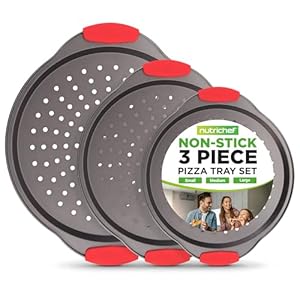 NutriChef 3-Piece Pizza Tray Set with Silicone Handles – Round Nonstick Pizza Pan with Perforated Holes, Durable Carbon Steel, Small, Medium, Large Sizes – Ideal for Crispy, Evenly Baked Pizzas (Gray)
