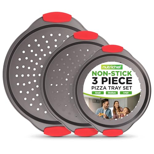 NutriChef 3-Piece Pizza Tray Set with Silicone Handles - Round Nonstick Pizza Pan with Perforated Holes, Durable Carbon Steel, Small, Medium, Large Sizes - Ideal for Crispy, Evenly Baked Pizzas (Gray)