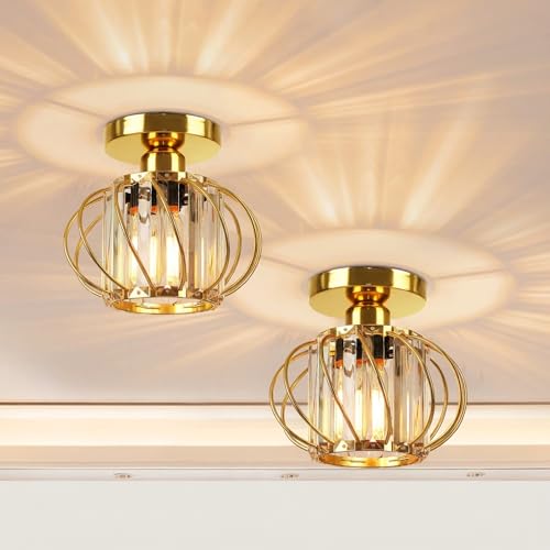 Image of FRIDEKO HOME Gold Crystal Ceiling Light Fixture - Crystal Chandelier Small Semi Flush Mount Ceiling Light Modern Lights Ceiling Mount for Hallway Kitchen Entryway Bedroom Bathroom (2 Pack, 7.48 Inch)