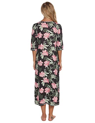 Image of Veseacky Women Robe Zipper Front House Coat 3 /4 Sleeve Nightgown Full Length Ladies Lounge Dress with Pockets S-XXL