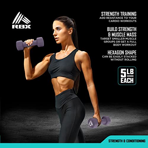 Rbx Neoprene Hand Weight Dumbbell Set - Hex Shaped, Roll Free For Body Building/Sculpting/Strength Training Exercise, 10Lb Each (20Lb Pair), Royal Plum #TOP2