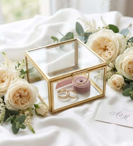 Image of Art India Collections Square Brass Glass Box with Lid and Glass Base, Display Box Gold 8x8x5 cm