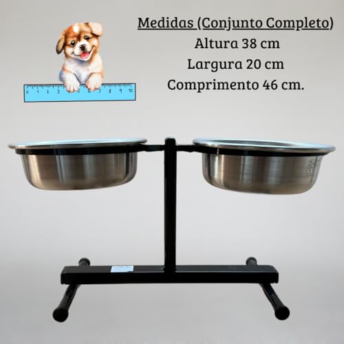 Comedouro Duplo Elevado para Cães e Gatos, Tigelas em Aluminio (Médio)