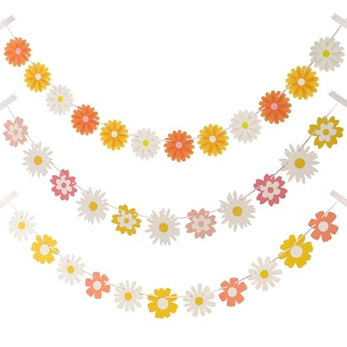 3 Guirlandes Fleurs Marguerite Dégradé de Couleur Décoration Papier pour Anniversaire Mariage Baby Shower Style Rétro Déco Murale Fête Naturelle