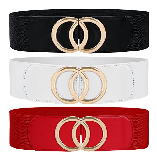 Vonmelli 3 Pack Women Wide Elastic Waist Belt Vintage Stretchy Waistband With Retro Double O-Ring Buckle For Dresses Black+White+Red S #TOP14