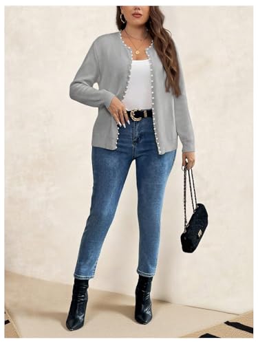 Image of BEAUDRM Women's Plus Size Pearls Beaded Cardigan Open Front Long Sleeve Casual Sweater Top
