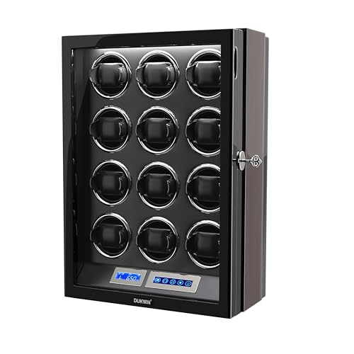 DUKWIN Watch Winder for 12 Automatic Watches with Key Lock, LCD Screen, Remote Control, LED Light, Adjustable Watch Pillow and Supper Quiet Motor for Universal Watches