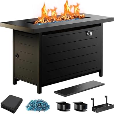 Ciays 43? Fire Pit Table with Glass Beads & Lid, CSA-Certified Gas Fire Pit with Cup Holders, Hanging Shelf & Nylon Cover, Large Outdoor Fire Pit for Patio/Porch/Deck, 60,000 BTU Heat Output, CIFPT9B