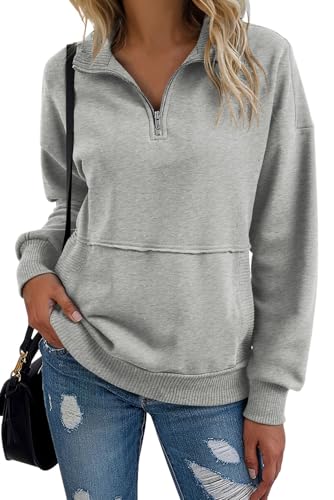 SHEWIN Womens Sweatshirt Casual Half Zip Pullover Solid Long Sleeve Tops Quarter Zip Sweatshirts Trendy Fall Outfits Clothes 2025,US 4-6(S),Grey