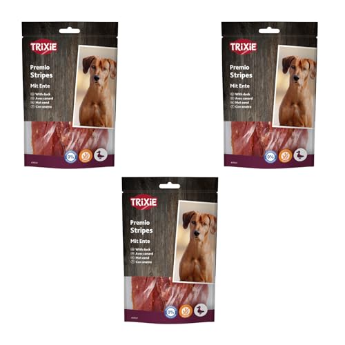 TRIXIE Premio Stripes mit Ente | 3er Pack | 3 x 100 g | Ergänzungsfuttermittel für Hunde mit hohem Fleischanteil aus Ente | Reich an wichtigen Omega-3- und Omega-6-Fettsäuren