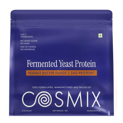 Image of Cosmix Fermented Yeast Protein Powder | 24g Protein | Made with Real Peanut Butter | High Absorption with PDCAAS of 1 | Made In-House | Smooth, Tasty & Gut-Friendly | Peanut Butter Fudge, 1Kg Pouch
