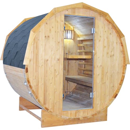 HOSAUNA Outdoor Traditional Steam Sauna Barrel Sauna, 4 Person Outdoor Sauna 4.5KW/240V Stove Heater, Finnish Carbonized Spruce with Wooden Barrel, Spoon, Sauna Stone, LED Light - 59 * 70.9 * 75.9 in
