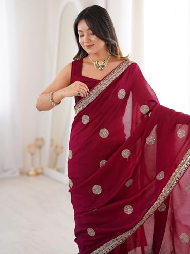 Image of AKHILAM Women's Maroon Vichitra Silk Embroidered Sequins Work Saree With Unstitched Blouse Piece (KRIYNS6101 KH)