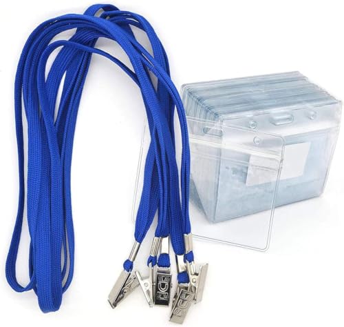 ネームホルダー 50枚 名札 ID カード ホルダー ネックストラップ 吊り下げ イベント スタッフ パス 名刺 社員証 ケース 入れ 首かけ 展示会 防水機能 横型 タイプ (50枚です,青です)