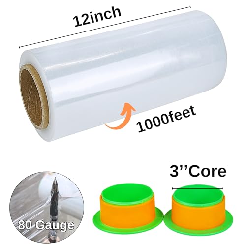Image of 2 Pack Clear Stretch Film Industrial Strength 12'' x 1000 feet 80 Gauge with Plastic Handle, Clear Wrapping Shrink, Durable Self-Adhering Plastic Wrap for Moving, Shipping CHUANGSEED