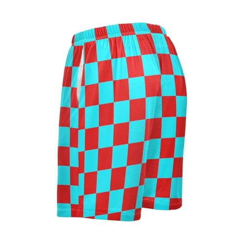 Men's Red and Teal Buffalo Checkered Pajama Shorts with Pocket and Drawstring S3
