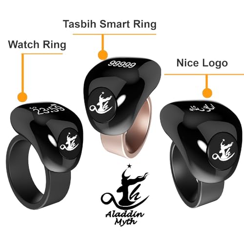 Image of Aladdin Fashion Tasbih Smart Ring, Tasbeeh Counters, Prayer Direction Indicator Guide,5 Azan Alarm Clock,Forgiveness,Electronic Rosary,Eid al-Fitr Eid al-Adha Ramadan Gift for men women, Black 18-20mm