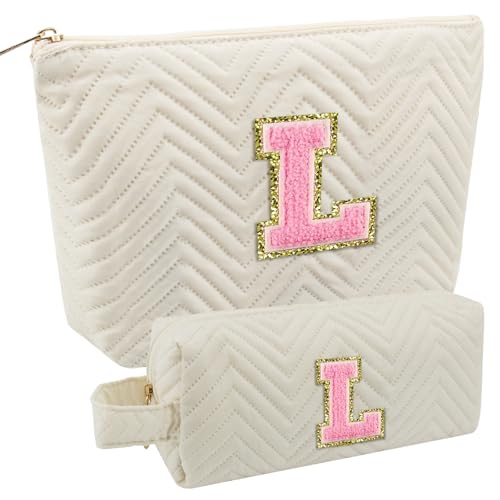 2 Pezzi Borsa Cosmetica Donna, Borsa per Cosmetici con Iniziali, Trousse da Viaggio con Lettere, Beauty Case Regali per Donna Mamma Amica, Compleanno, Festa della mamma (L)