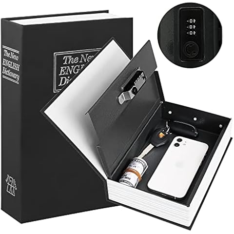 KYODOLED Diversion Book Safe with Combination Lock, Secret Hidden Metal Lock Box,Money Hiding Collection Box,9.5" x 6.2" x 2 .2" Black Large Cover