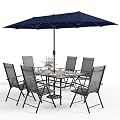 Sophia & William 7 Pieces Patio Dining Set with 13ft Navy Blue Umbrella, Folding Outdoor Dining Chairs for 6, Rectangular Metal Patio Table and Sling Chairs Set, Grey