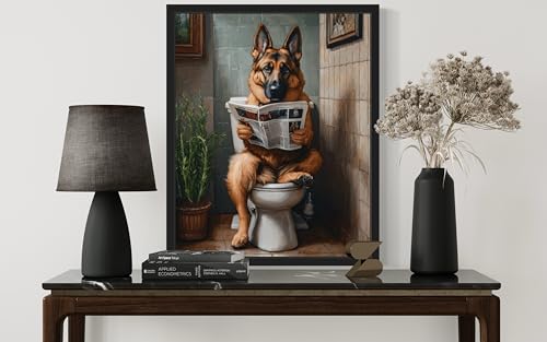Image of German Shepherd on Toilet Black Framed Wall Art Print Poster, Dog Bathroom Humor Decor Posters Prints for Restroom Home Picture Painting Artwork Gallery 7 (German Shepherd, 14 inchL x 11 inchW, Black Frame)