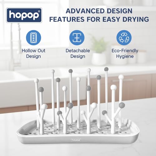 Image of Hopop Plastic Baby Bottle Drying Rack | Portable & Compact Bottle Drying Rack with Detachable Water Drip Tray | Holds Upto 6 Bottles and Accessories | BPA Free Efficient Baby Care Essential | White