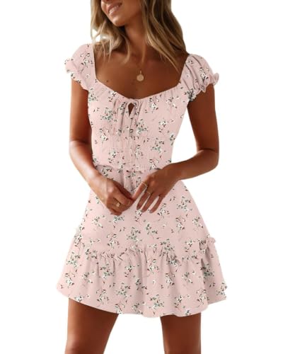 Image of Womens Summer Sundress Ruffle Sleeve Sweetheart Neck Print Mini Dress | Sundresses, Smocked Waist, Boho Floral, Flowy Ruffle Hem, Beach, Country Concert, Date Night