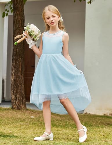 Image of Arshiner Girls Dresses Formal Party Wedding Tulle Sleeveless Contrast Mesh High Low Dress with Belt