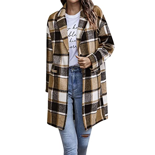 Manteau longue veste à carreaux kaki en taille L pour femme adepte du style casual chic