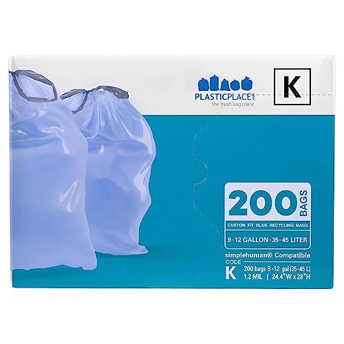 Image of Plasticplace Custom Fit Trash Bags, Compatible with simplehuman Code K (100 Count) Tinted Blue Drawstring Garbage Liners 10 Gallon / 38 Liters, 24 inch x 28 inch
