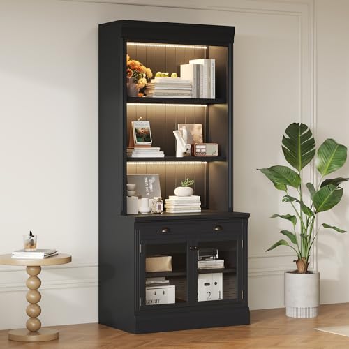 Image of Bookshelves and Bookcases with LED Floor Standing Display Storage Shelves,Open Shelves, 2 Glass Doors and 1 Drawer, 83.4 in Tall Bookcase for Home Office, Living Room, Black