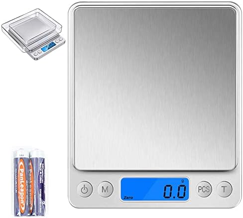 Food Scale, Kitchen Scale, Digital Scale 3000g/0.1g Pocket Jewelry Scale Grams and Ounce Scale for Cooking, Baking, Tare Function, PCS Function, LCD Display, 2 Trays, Battery Included, Silver