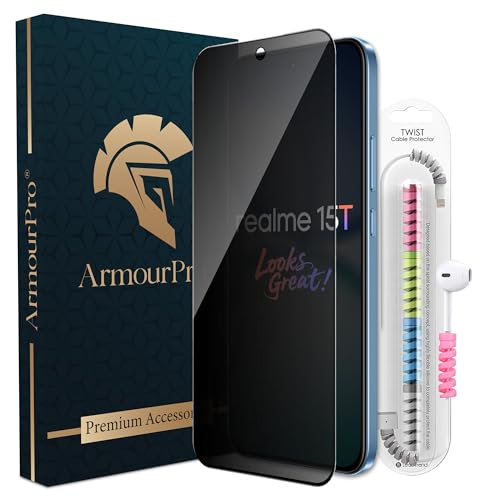 Image of ArmourPro Privacy Tempered Glass for Realme 15T, Anti Spy Anti Peeping Screen Protector, Edge-to-Edge Full Coverage, 9H Hardness with Cable Protector | Black