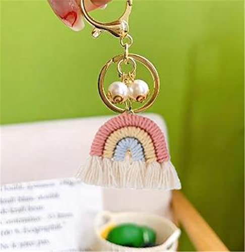 Ergugos Small Rainbow And Pearl Pendant Mini Boho Rainbow Keychain Rainbow Kering Macrame Weaving Rainbow Tassel Women Keyrings Car Keyring Holder For Bag Wallet Accessories, Yellow #TOP2