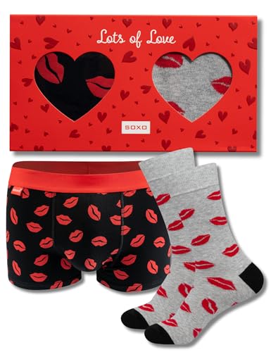 soxo Saint Valentin Chaussette Homme Boxer Homme Coton Calecon Sac Cadeau Set 40-45 L Lèvres Caleçon + Chaussettes 40-45