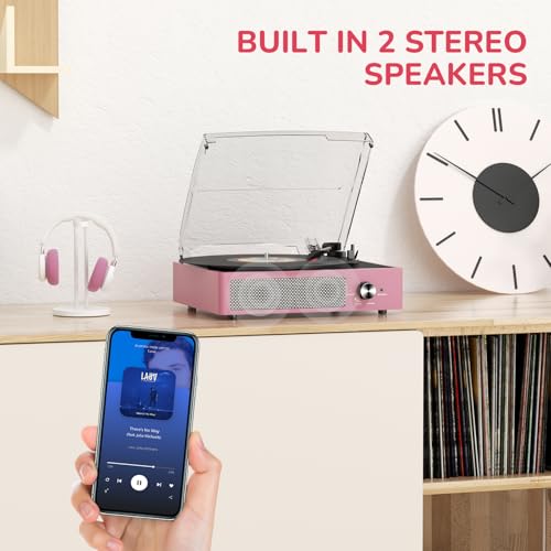 Image of Record Player with Speakers Belt-Driven Vintage Turntables 3 Speed 3 Size Wireless Bluetooth Playback AUX-in RCA Out Headphone LP Vinyl Players Auto Stop Purple Pink