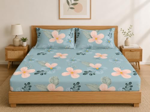 Image of LOOMLYFE Microfiber Soft Cotton Bedsheet for Double Bed, Size 90x100 inches with 2 Large Size Pillow Covers Without Joint - SkyPeachFlower