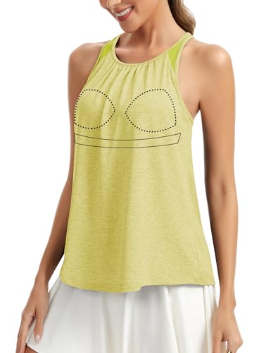 SLIMBELLE Yoga Tank Tops for Women Built in Bra Racerback High Neck Sleeveless Shirt Gym Workout Running Loose Fit Cami Yellow Green S